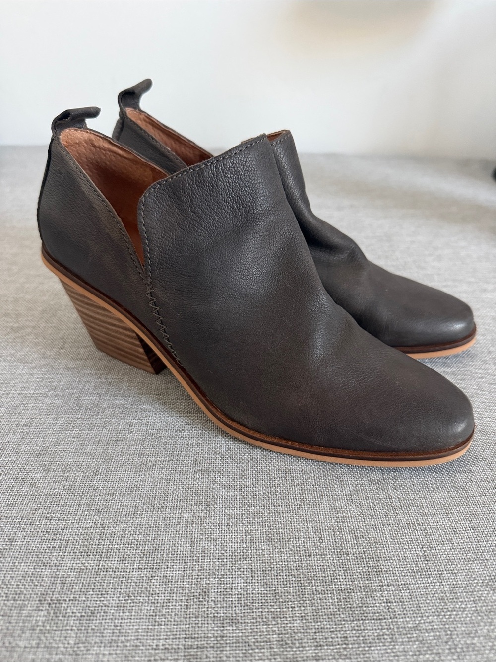 Lucky Brand Victorey Dark Gray Leather Cutout Ankle Booties